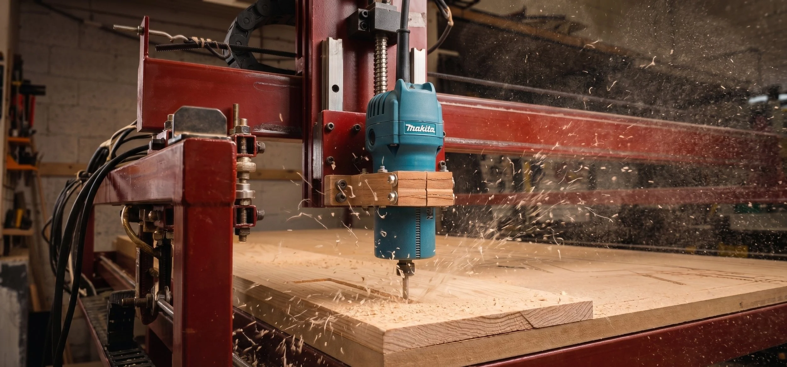 Una máquina cnc en acción en un taller de carpintería, cortando madera.