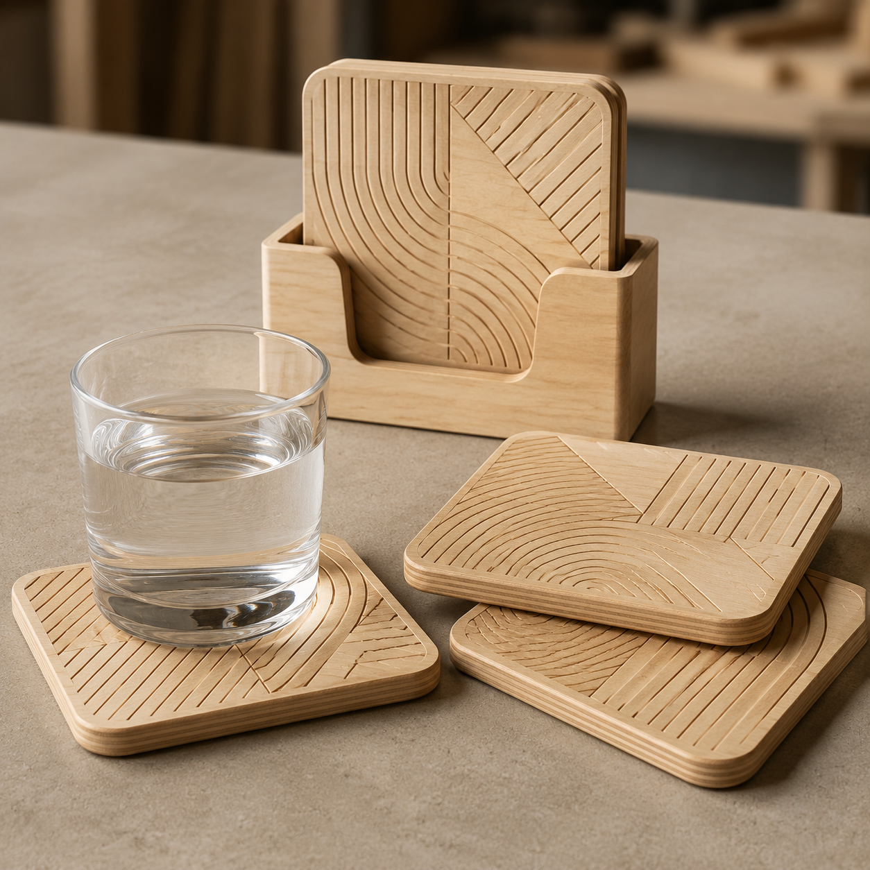 HexaWood: Set de 4 Portavasos Geométricos en Triplay de Abedul