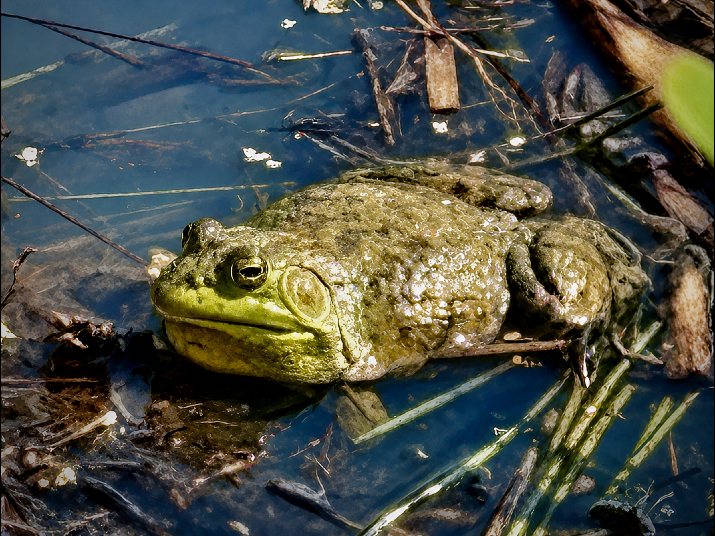 A green frog sitting on a rock in a pond with muddy water, surrounded by sticks and plant debris.