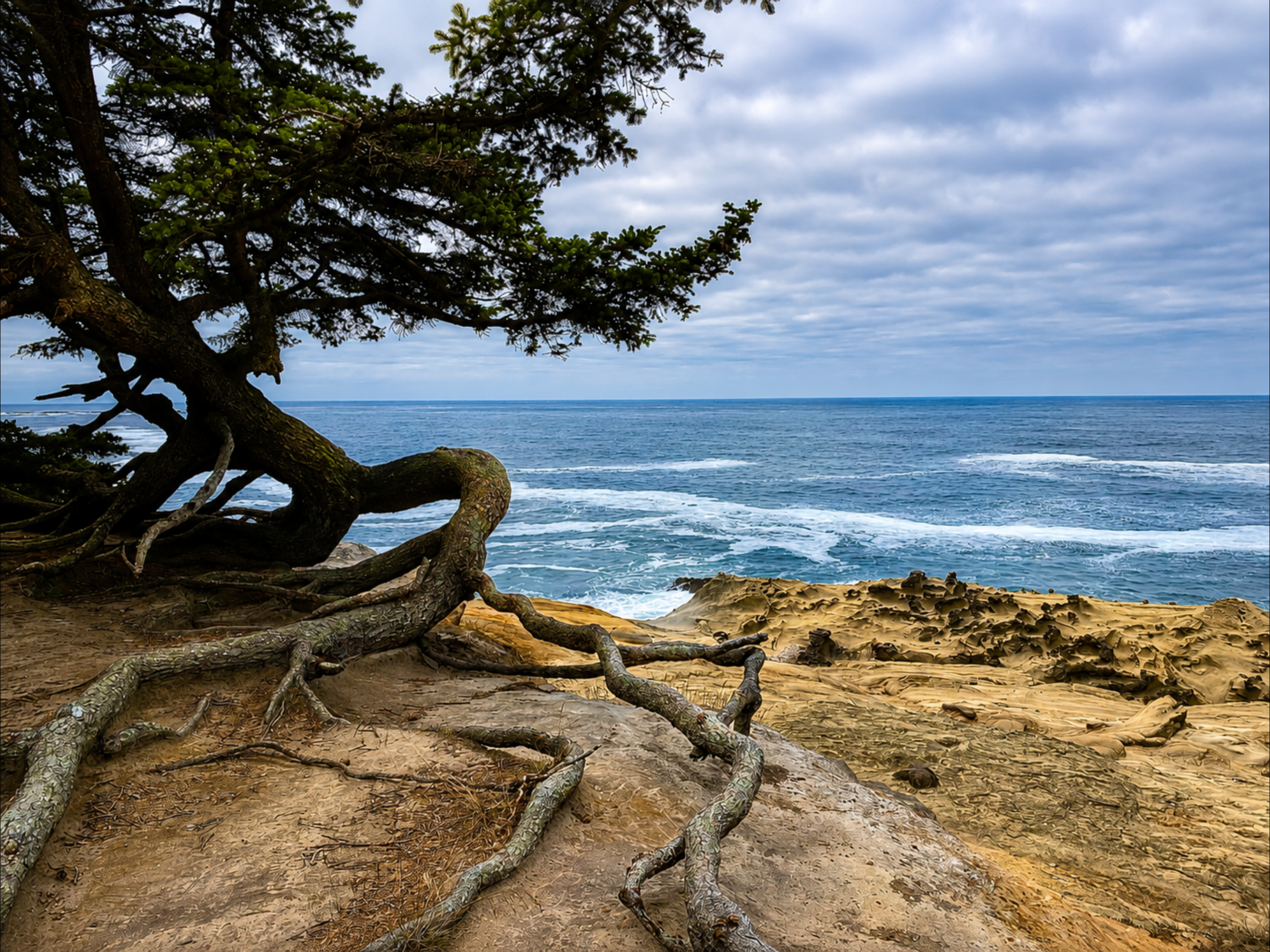 A sandy beach with exposed tree roots and a large tree in the foreground, overlooking the ocean with waves and a cloudy sky.