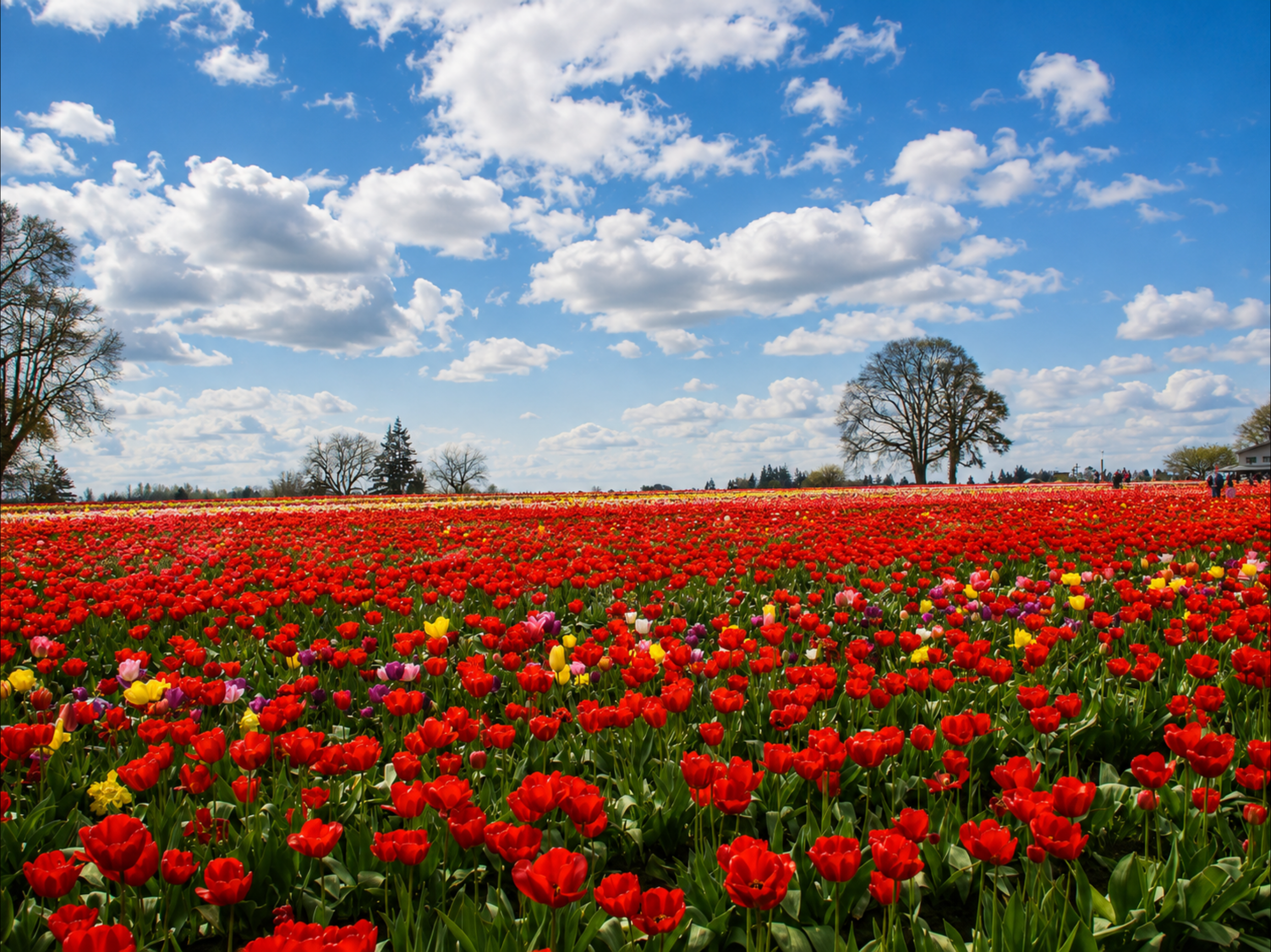 A large field filled with vibrant red, yellow, pink, and orange tulips under a bright blue sky with scattered white clouds. Tall trees are in the background, and some distant structures are visible.