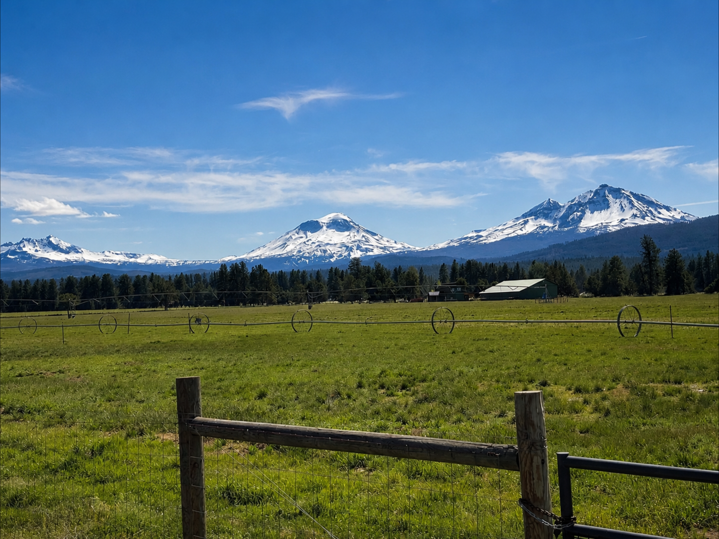 Snow-capped mountains under a blue sky with some clouds, a green field in the foreground with a wooden fence, and a barn in the distance.