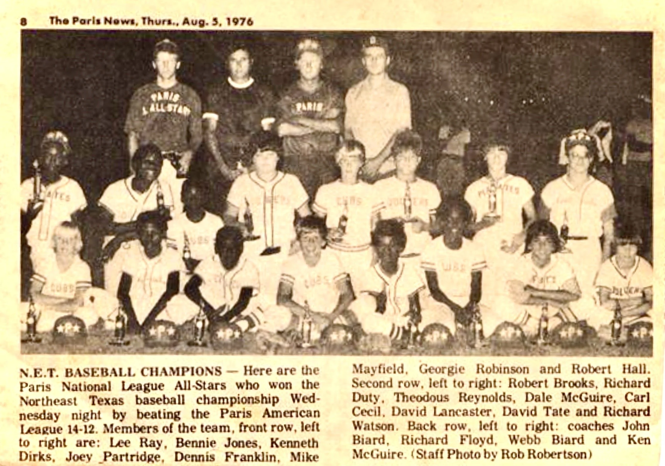 1976 newspaper photograph of the Paris National League All-Star baseball team after winning the Northeast Texas championship.
