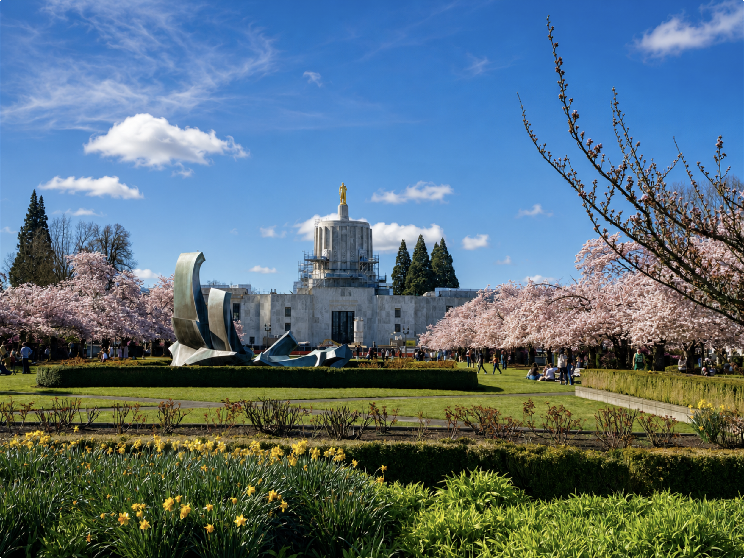 A park scene with pink cherry blossoms in full bloom, a modern sculpture in the foreground, and a government building topped with a golden statue in the background, under a partly cloudy blue sky.