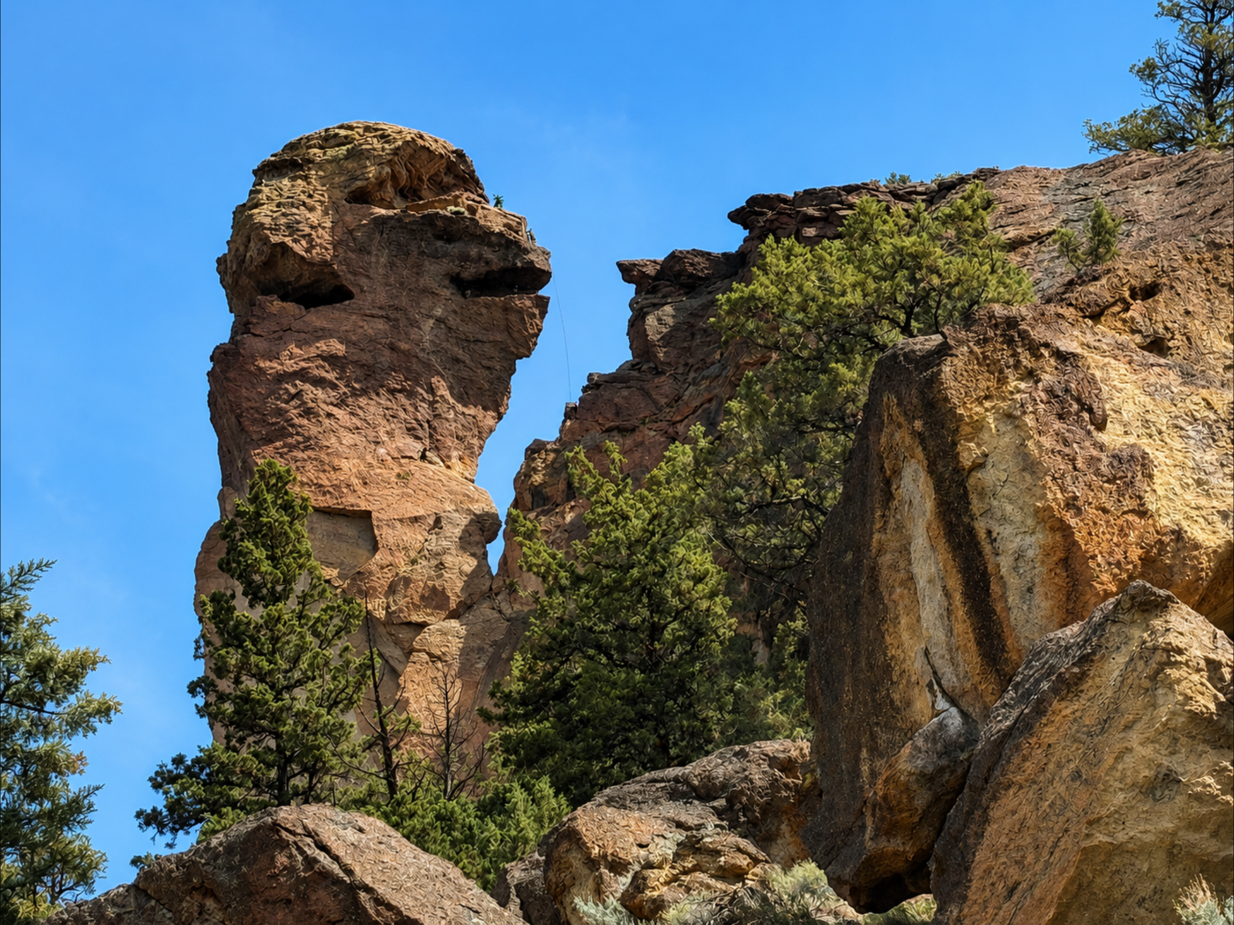 Rock formations with trees under a blue sky.