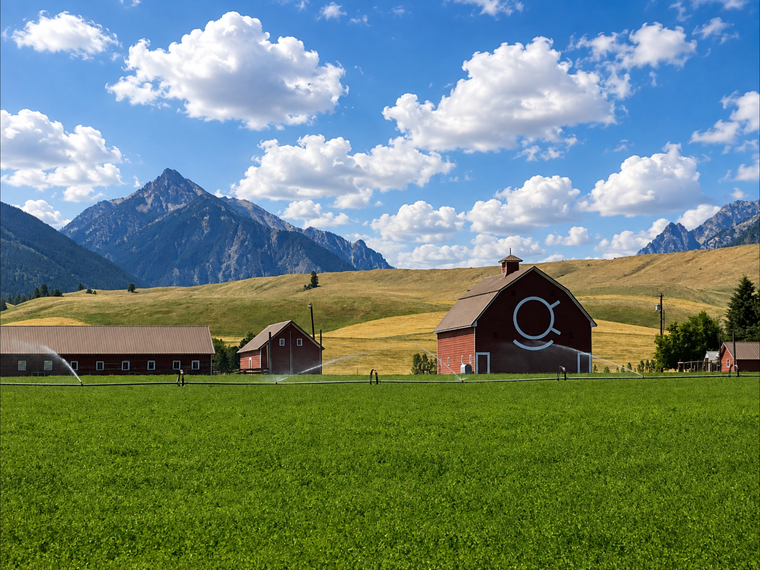A rural landscape during daytime with a lush green yard, multiple red barns, rolling hills, and mountainous terrain in the background, under a blue sky with white fluffy clouds.