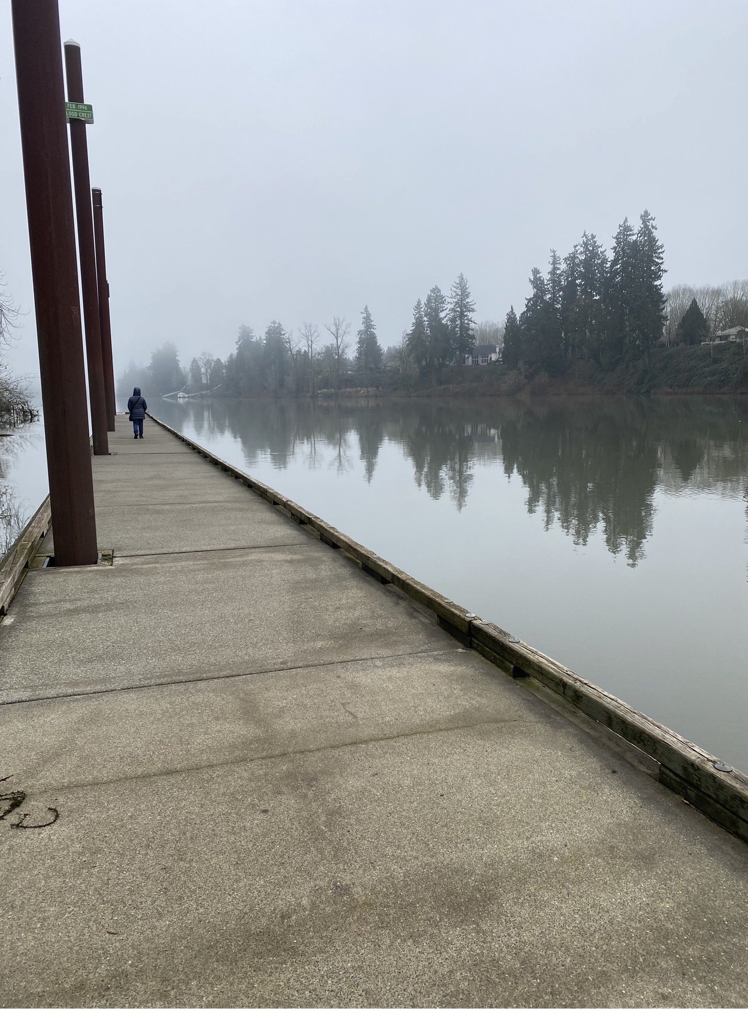 A foggy riverside walkway with a person walking alone, lined with tall trees and houses in the distance, and supported by large wooden posts on the left side.