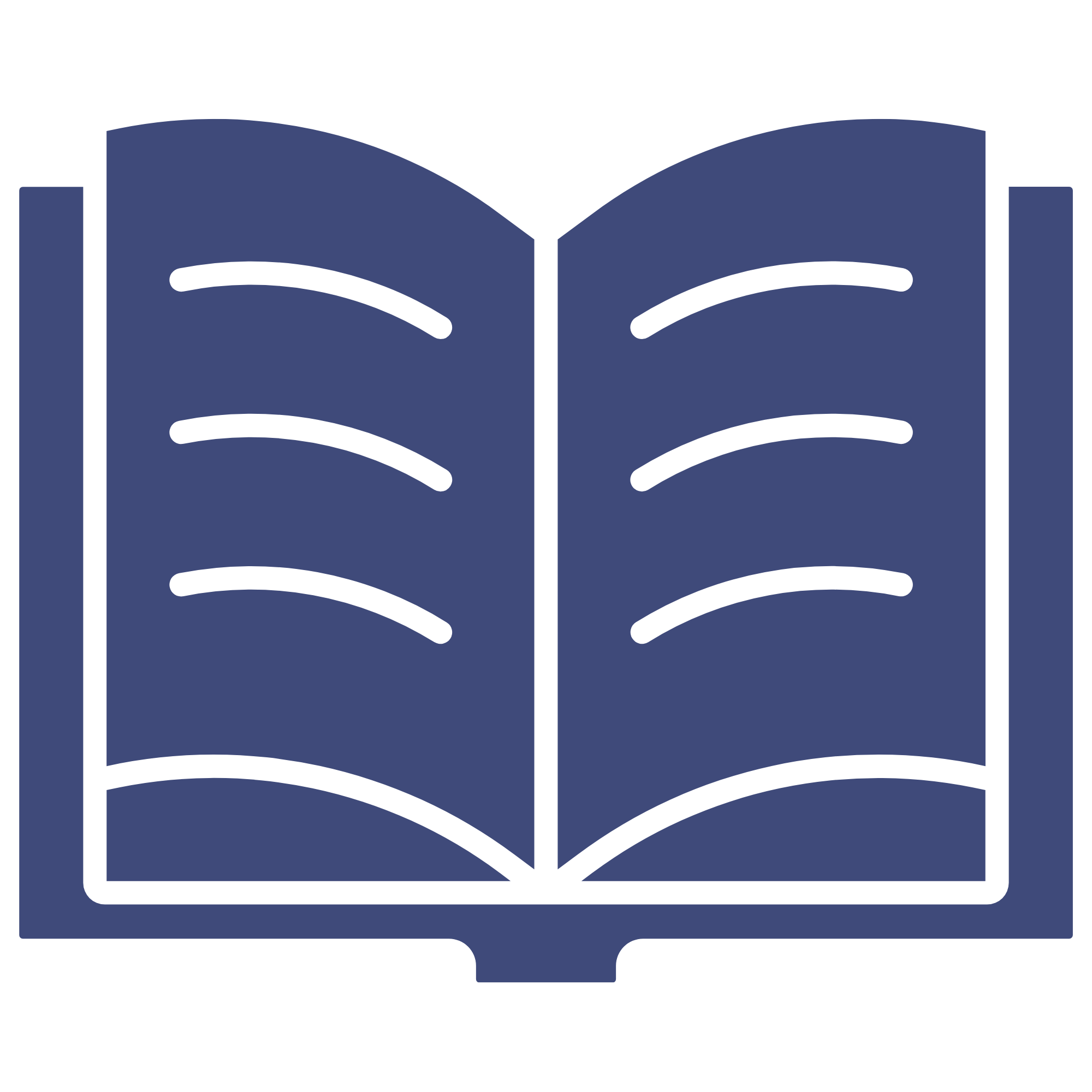 A dark blue open book with black lines representing text on the pages.