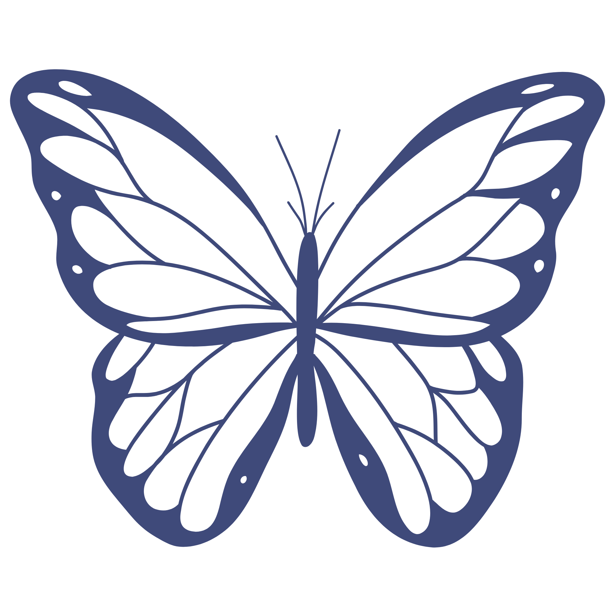 A graphic illustration of a butterfly with dark blue wings set against a black background.