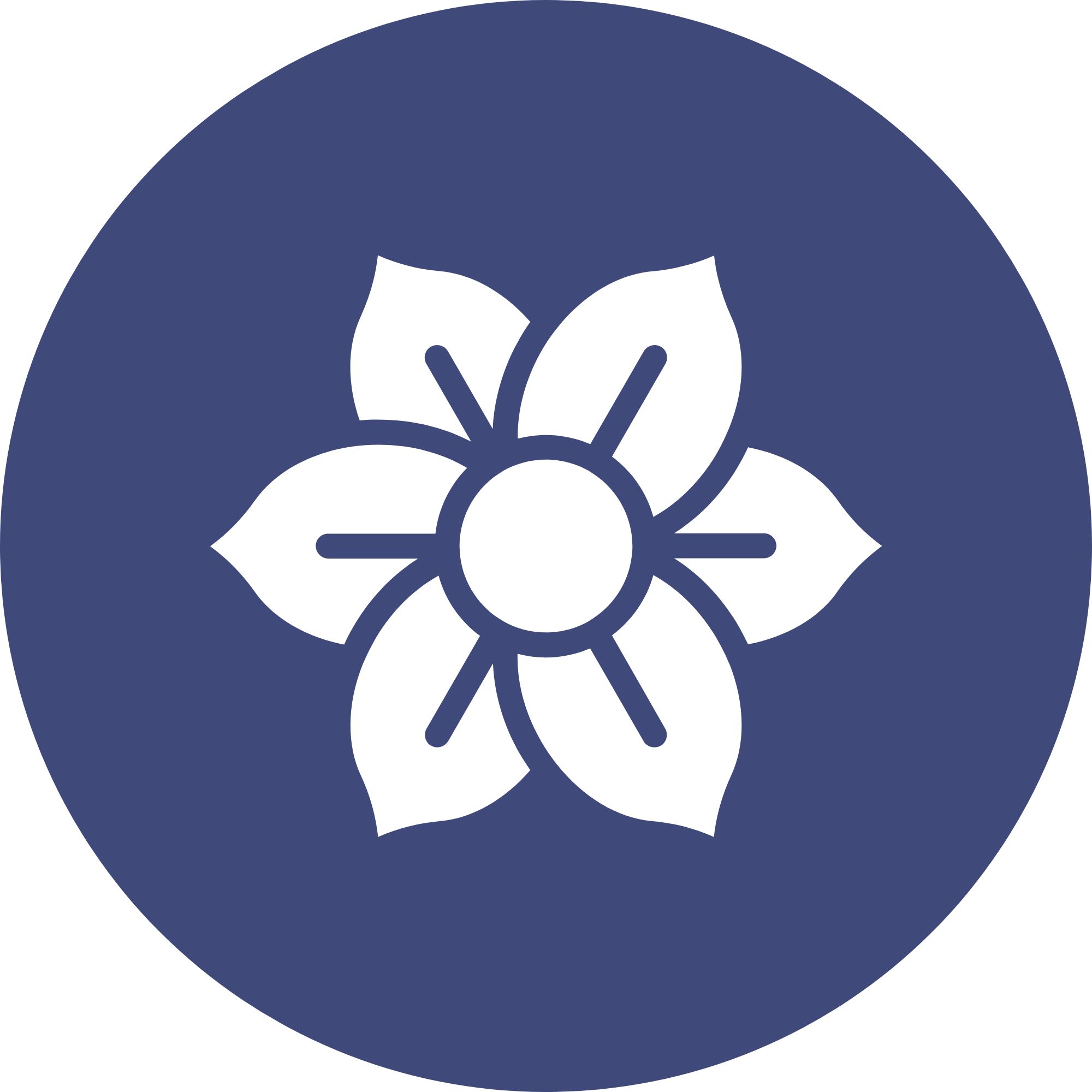 A navy blue circular background with a white snowflake and an open book in the center.