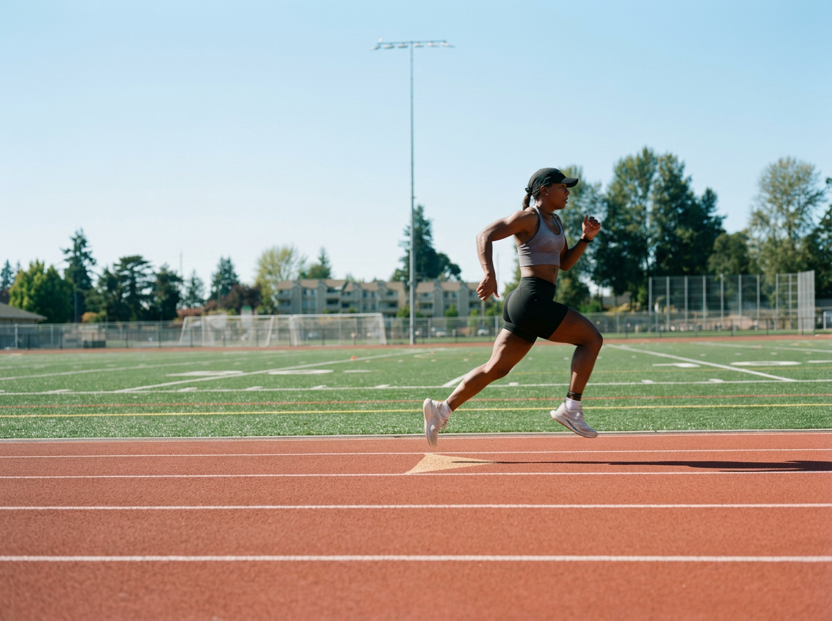 Female athlete running on track at outdoor sports field on a sunny day.