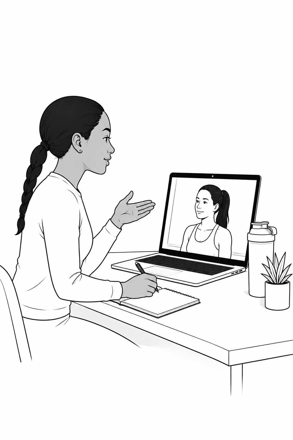 A woman participating in a video call, sitting at a desk with a notebook, pen, water bottle, and plant, while the woman on the screen is smiling.