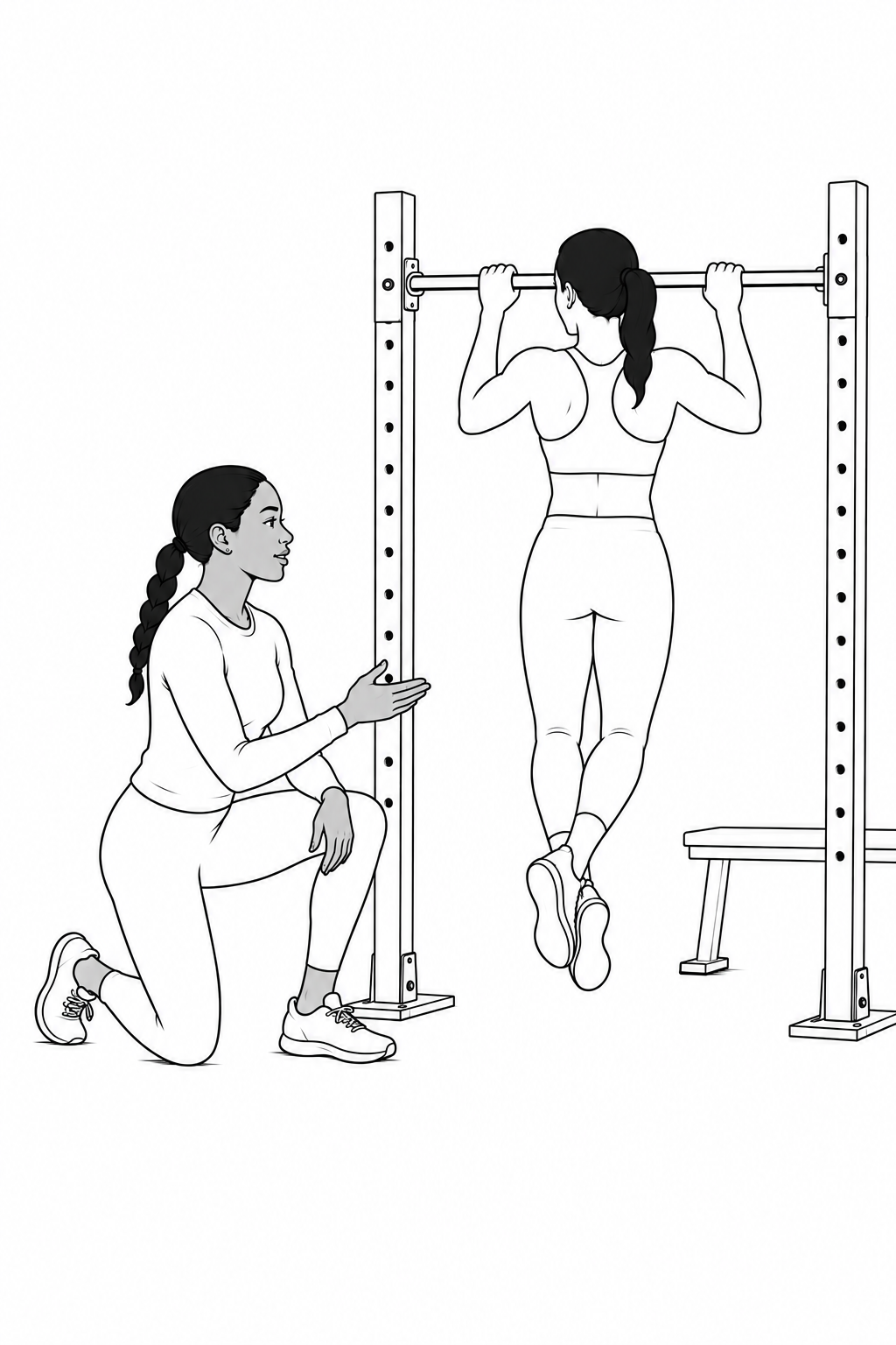 A woman doing pull-ups on a pull-up bar with a trainer kneeling beside her, providing support.