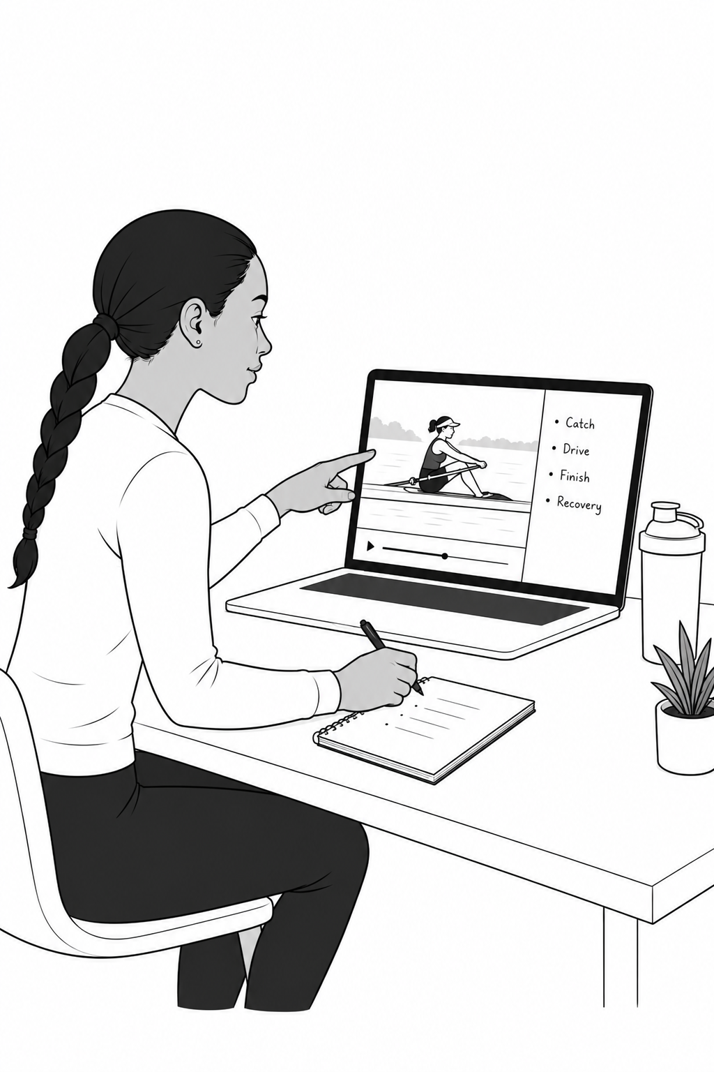 Woman watching a rowing tutorial on a laptop, taking notes, with a notebook and pen, a water bottle, and a potted plant on the desk.