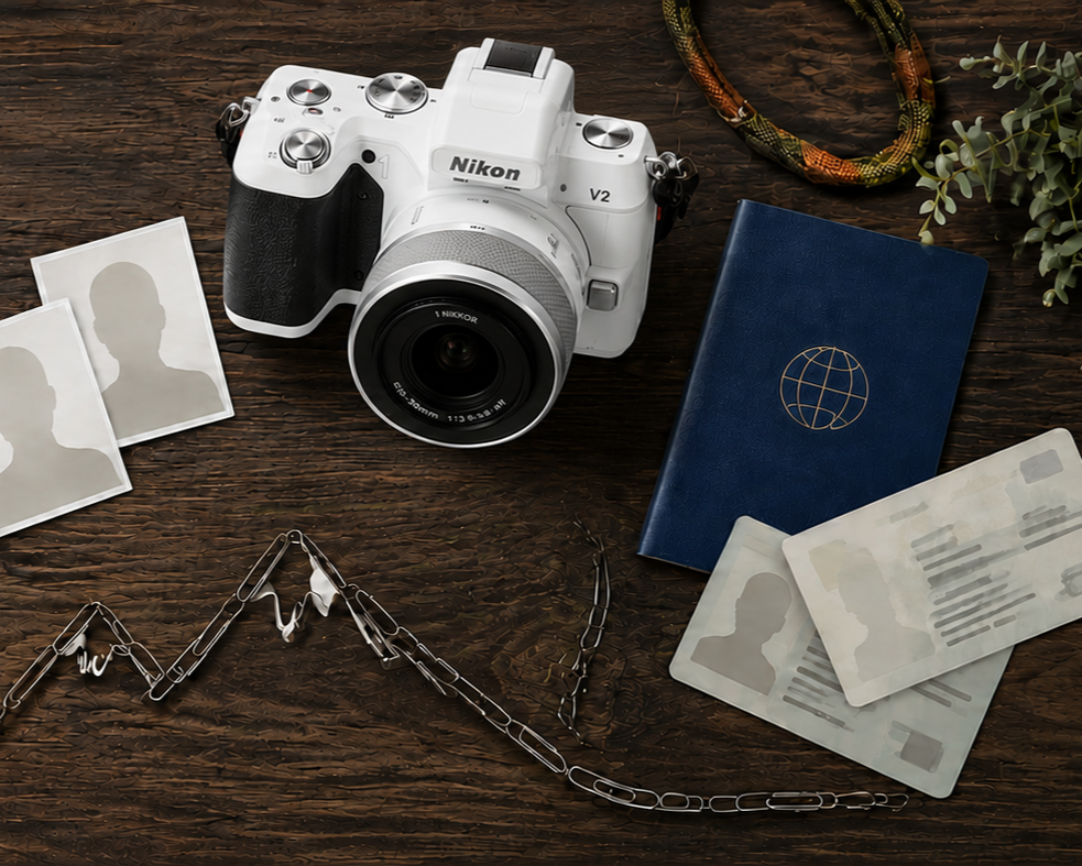 A Nikon camera, several identitiy cards, a blue passport, polaroid photos, earrings, and a bracelet on a wooden surface.