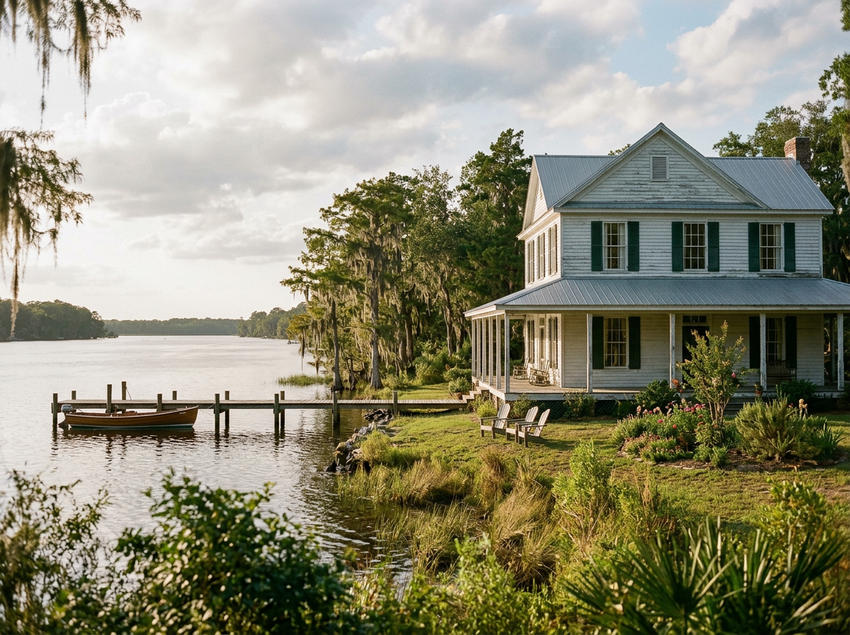 A two-story white house with green shutters and a metal roof beside a river with a boat dock and Adirondack chairs on the grassy yard.