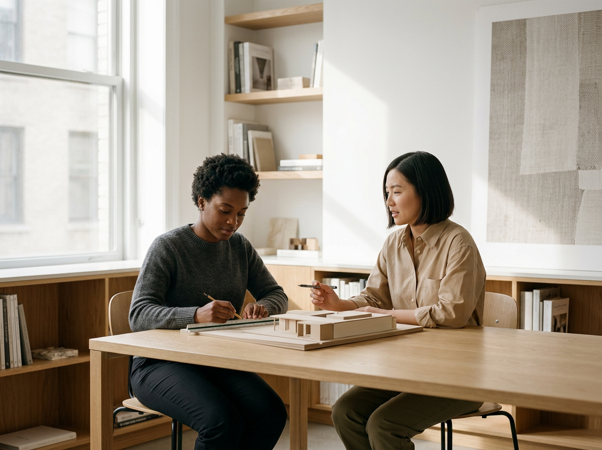 Two women sitting at a wooden table discussing an architectural model in a room with white walls, large windows, and built-in wooden shelves filled with books.