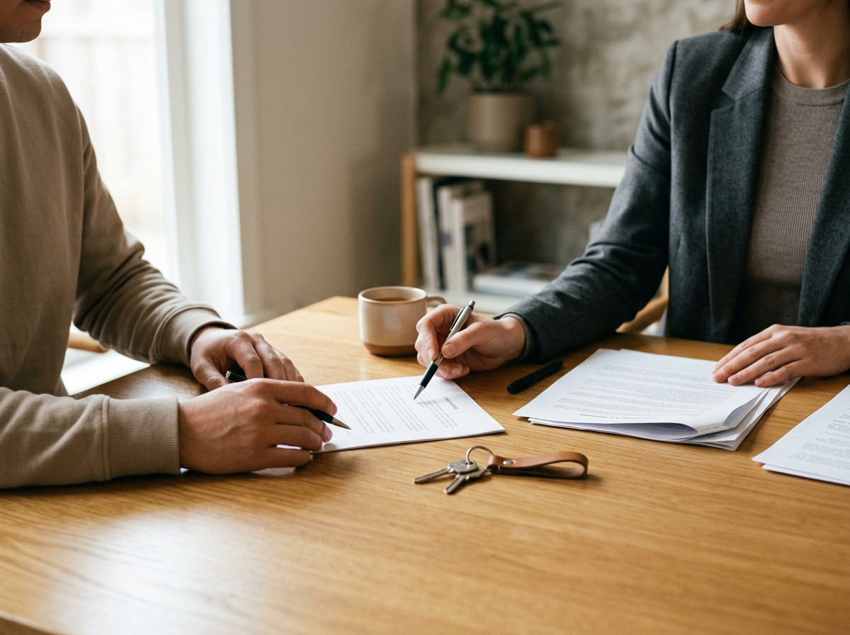 Two people sitting at a wooden table exchanging and signing documents, with a cup of coffee, pen, and keys on the table.