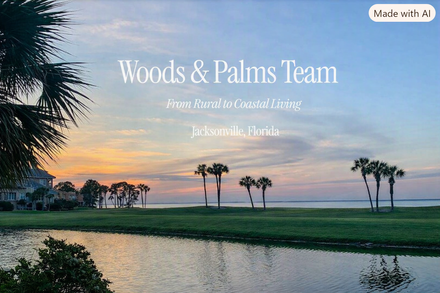Sunset over a coastal golf course in Jacksonville, Florida, with palm trees, a water body, and residential buildings visible.