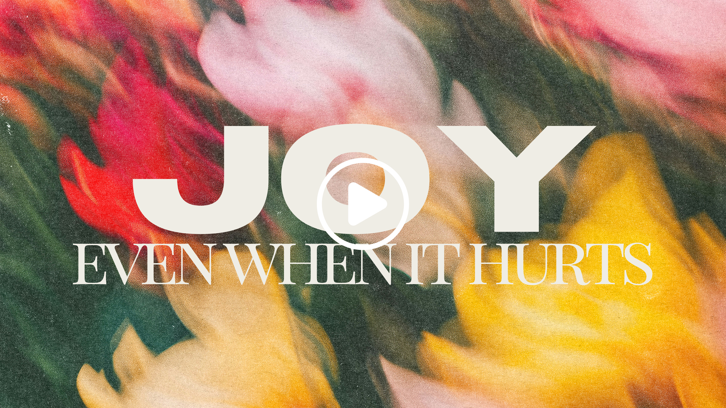 Colorful abstract painting with the words 'Joy Everything' in large white letters and the phrase 'EVERYTHING THAT HURTS' in smaller white letters at the bottom, overlaying the artwork.