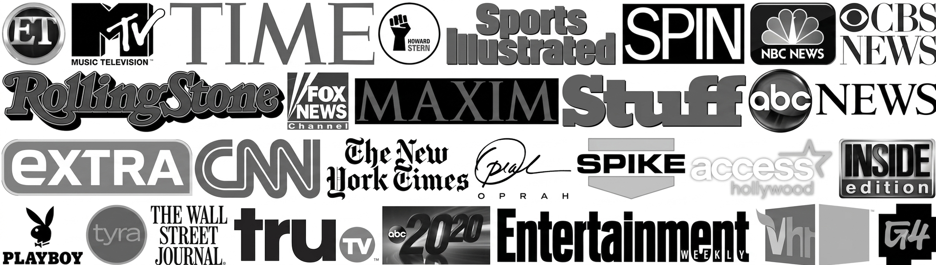 A collage of grayscale logos from various media outlets and entertainment brands, including TIME, MTV, Sports Illustrated, CBS News, Rolling Stone, Fox News, CNN, The New York Times, ESPN, Playboy, The Wall Street Journal, and others.
