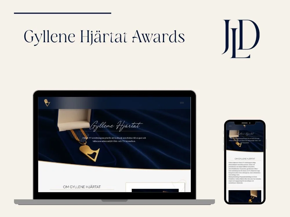 A laptop and a smartphone display the Gyllene Hjärtat Awards website. The JLD logo appears on the right.