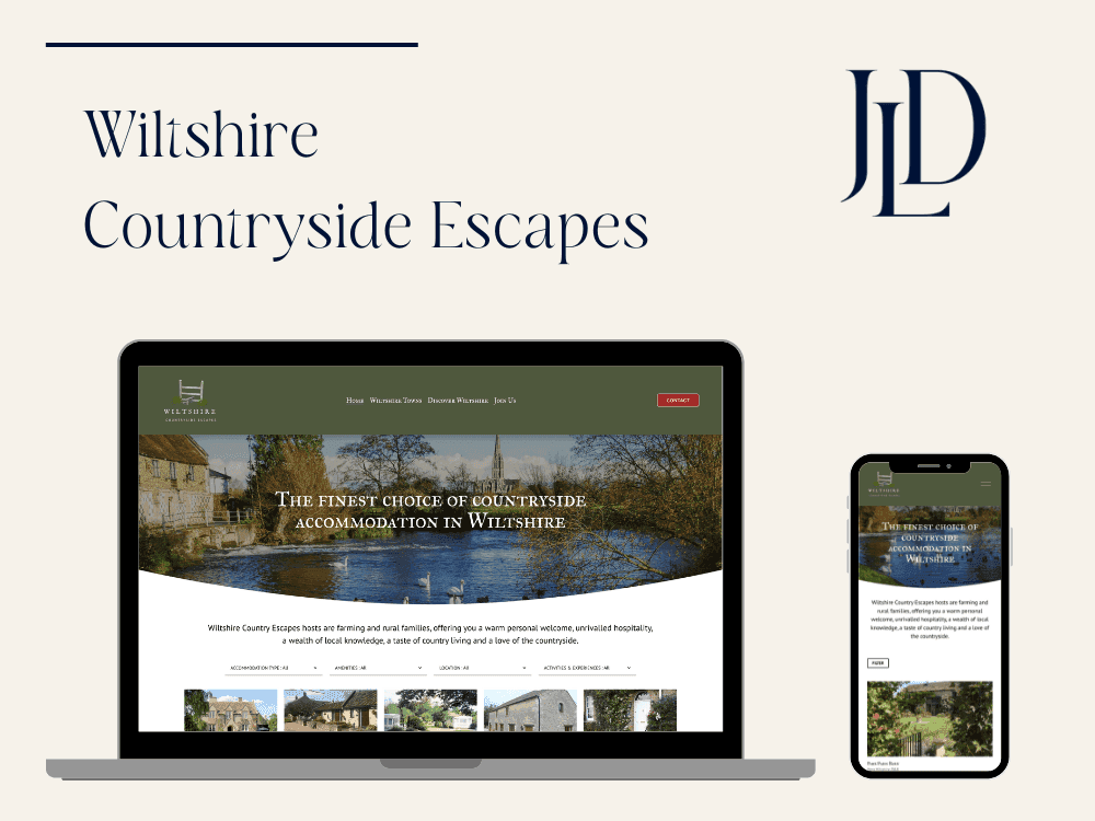 A laptop and a smartphone display the Wiltshire Countryside Escapes website. The JLD logo appears on the right.