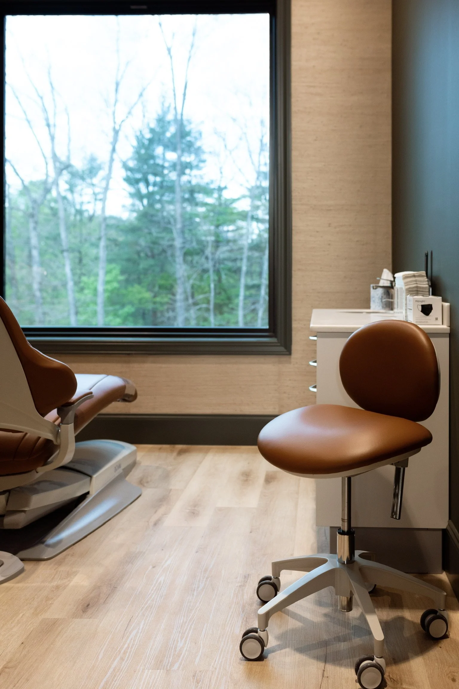 Dental treatment room with a patient chair and a window overlooking trees.