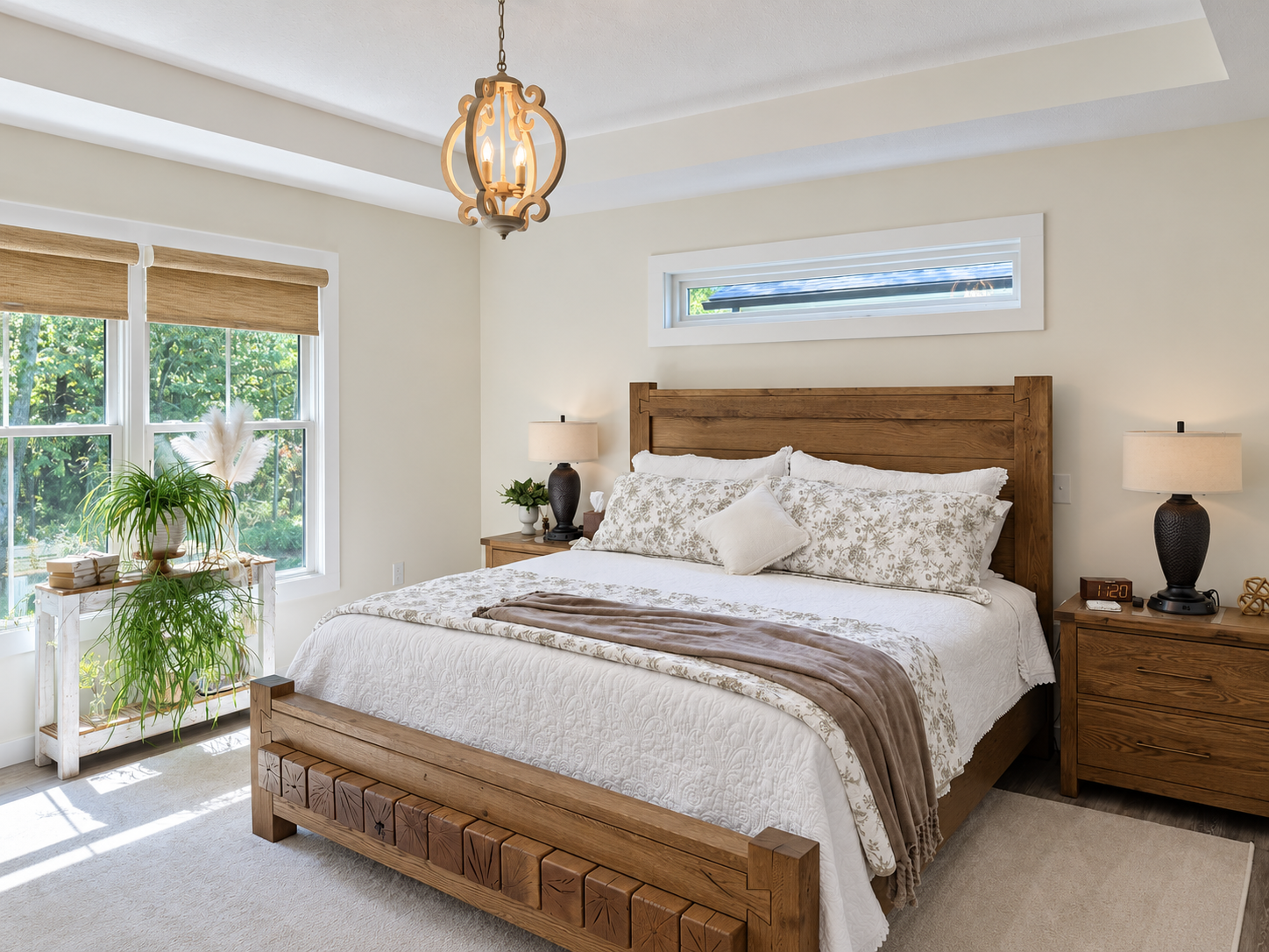 Bedroom with a large bed, wooden headboard, matching wooden nightstands, lamps, and a window with greenery outside.