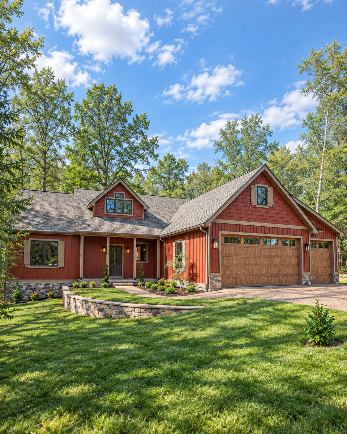 A one-story red wooden house with a gabled roof and three windows, surrounded by a well-maintained lawn and trees, under a clear blue sky.