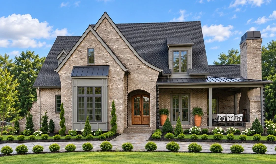 A large brick house with a steep gabled roof, large windows, and a covered porch. The front yard is landscaped with small bushes, trees, and potted plants.