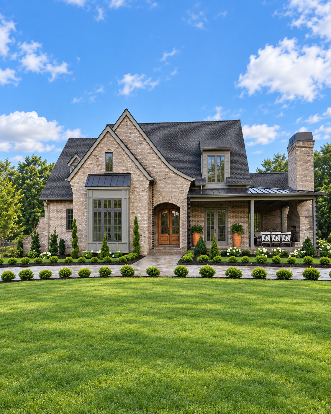 A large brick house with a steep roof and multiple gables, illuminated from inside, with a well-manicured lawn and garden, potted plants, and a porch with outdoor furniture.