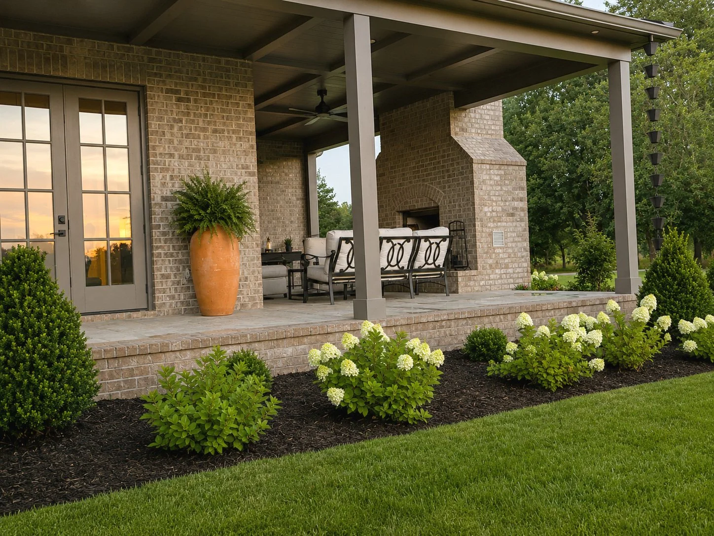 A covered patio with outdoor seating, a fireplace, and garden landscaping. 