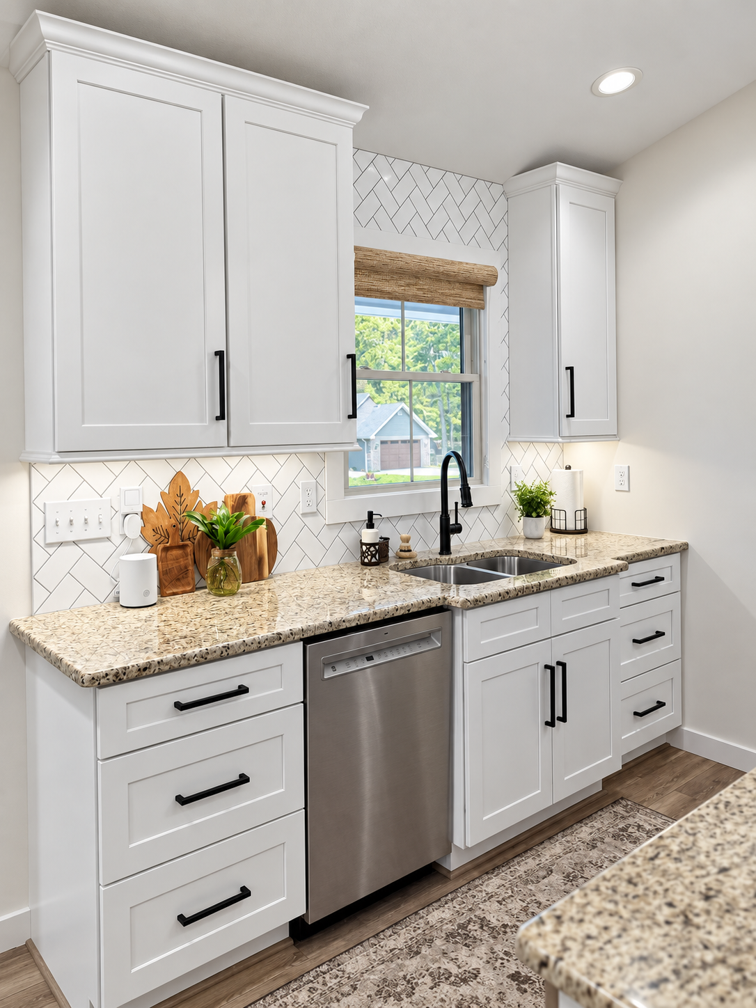 Kitchen sink with a black faucet, white cabinets, and a stainless steel dishwasher. 