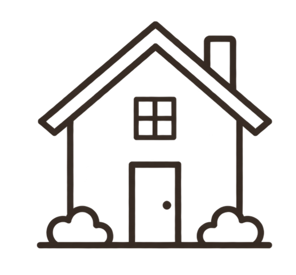 Outline drawing of a house with a door, four-pane window, chimney, and bushes at the base.
