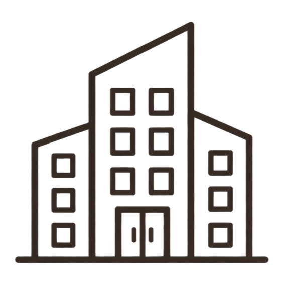 Outline drawing of a multi-story office building with a central entrance and symmetrical window placement