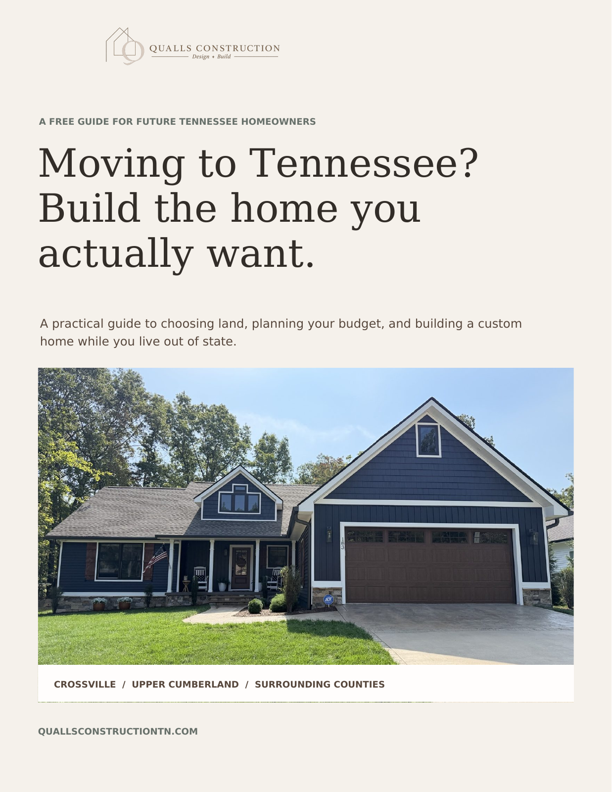 Cover of Qualls Construction's moving to Tennessee guide, featuring a custom home.
