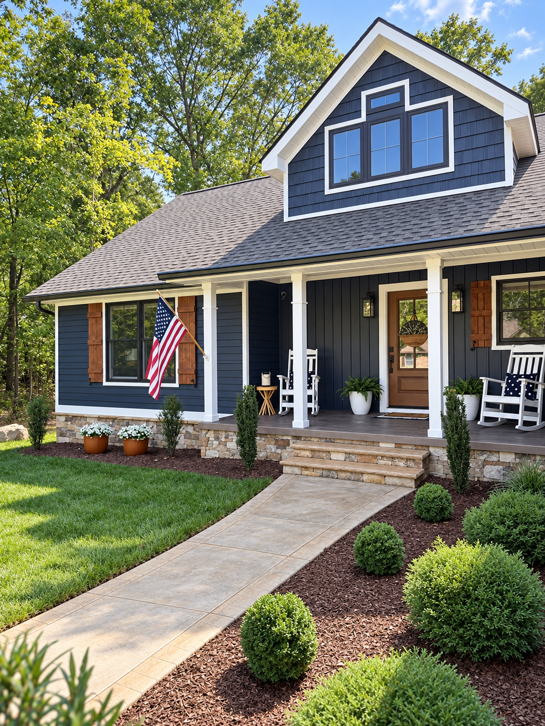 A modern house with a dark blue exterior, white trim, and a gabled roof, featuring a front porch with rocking chairs. There is a flagpole with an American flag, potted plants, and a landscaped yard with a stone pathway, green grass, and small bushes.