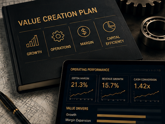 Close-up of a black notebook titled 'VALUE CREATION PLAN' with icons and terms like growth, operations, margin, and capital efficiency, alongside a digital tablet displaying financial performance data such as EBITDA margin, revenue growth, and cash conversion, on a desk with a pen and a map.