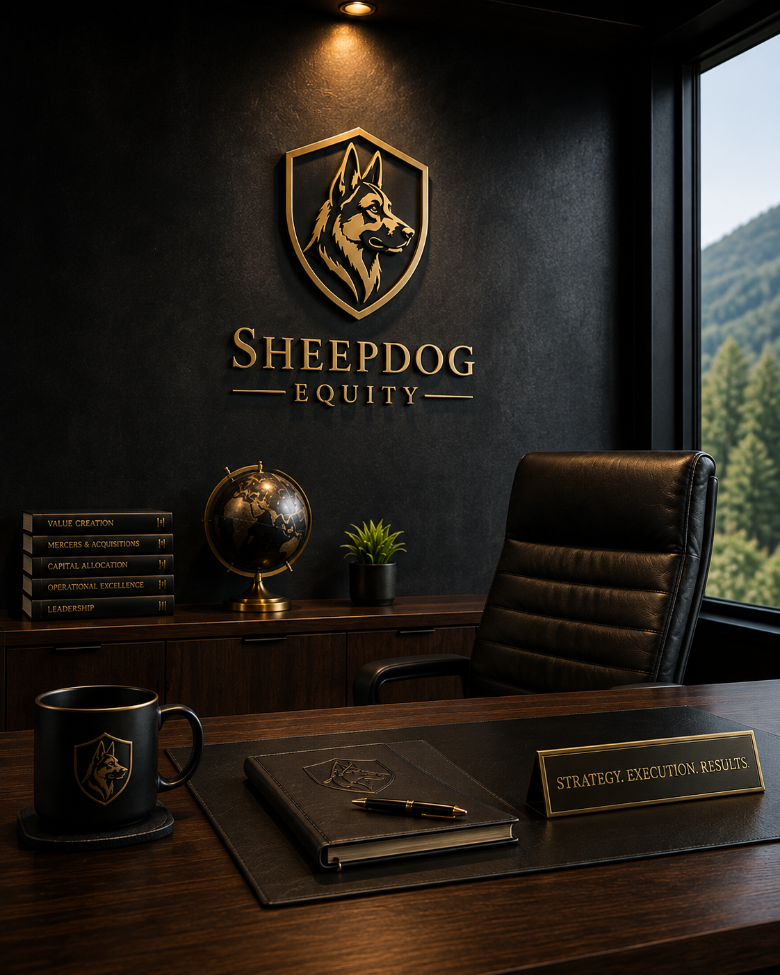 An office with a black wall featuring a Sheepdog Equity logo, a wooden desk with a black mug and matching notepad, a gold emblem, and a sign that reads 'Strategy. Execution. Results.' The office has a black leather chair, a potted plant, a globe, and a window showing a green landscape outside.