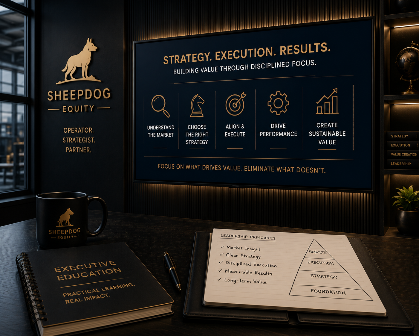 Office workspace with a large screen displaying a presentation on strategy, execution, and results. Items on the desk include a black mug with a dog logo, a black notebook titled 'Executive Education', a pen, and an open notepad with leadership principles and a pyramid diagram.