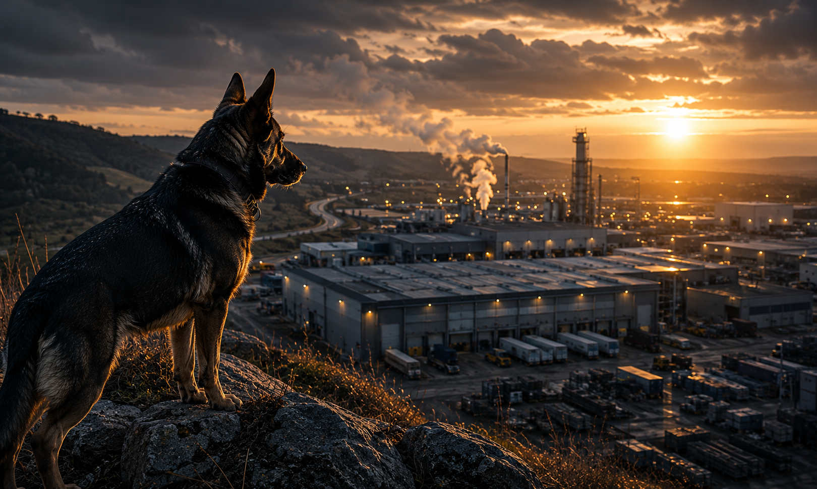 A German Shepherd dog standing on a rocky hilltop overlooking an industrial area at sunset.