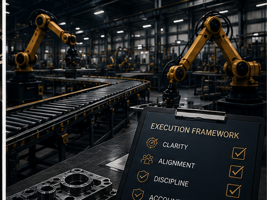 Factory interior with robotic arms and a board labeled 'Execution Framework' listing key principles.