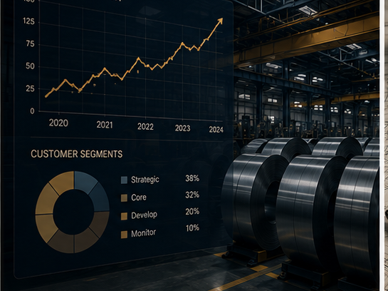 A graph showing upward growth from 2020 to 2024 overlaid on an industrial factory with large metal coils, also displaying customer segments with percentages.