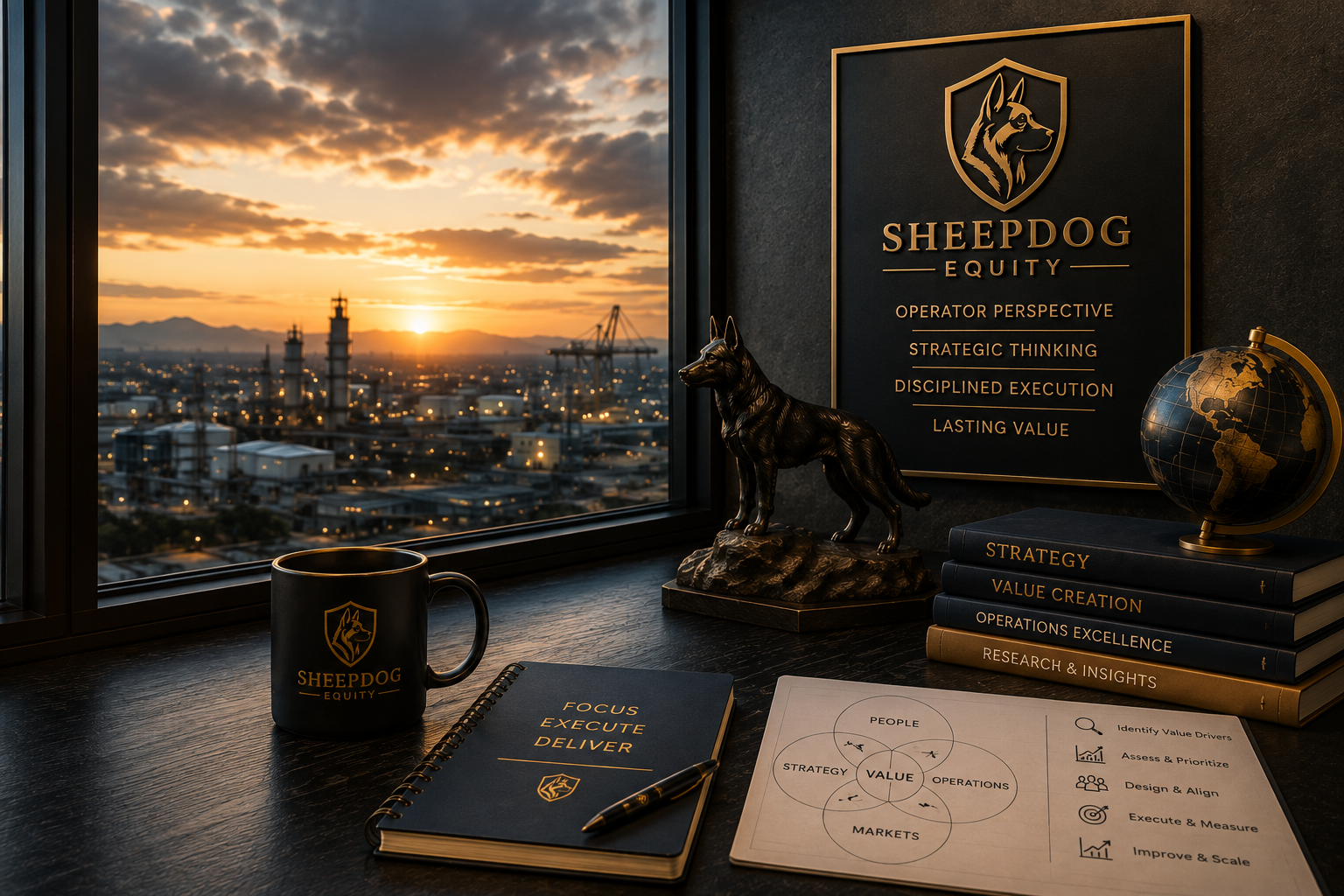 Office desk with a black and gold SheePDog Equity mug, a notebook titled "Focus Execute Deliver," a pen, organizational charts, a statue of a black German Shepherd, a globe, and books on strategy, value creation, operations excellence, and research, with a large window showing a sunset over a cityscape in the background.