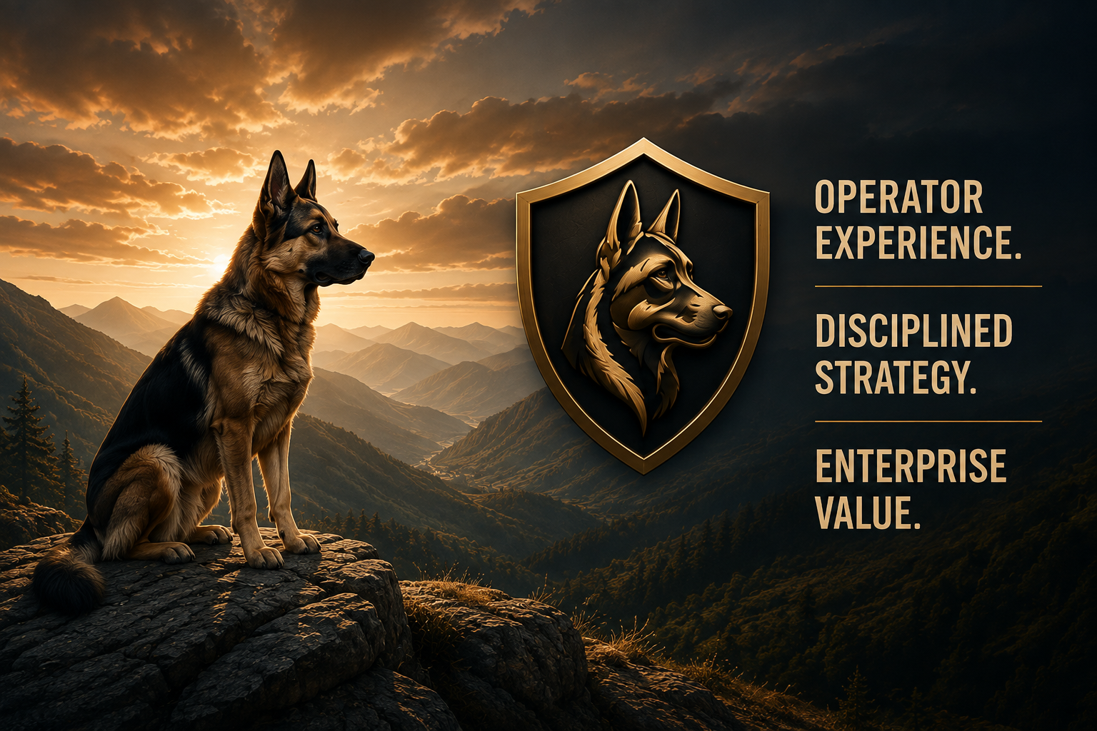 German Shepherd overlooking a mountain landscape beside the Sheepdog Equity shield and operator-led value creation message.
