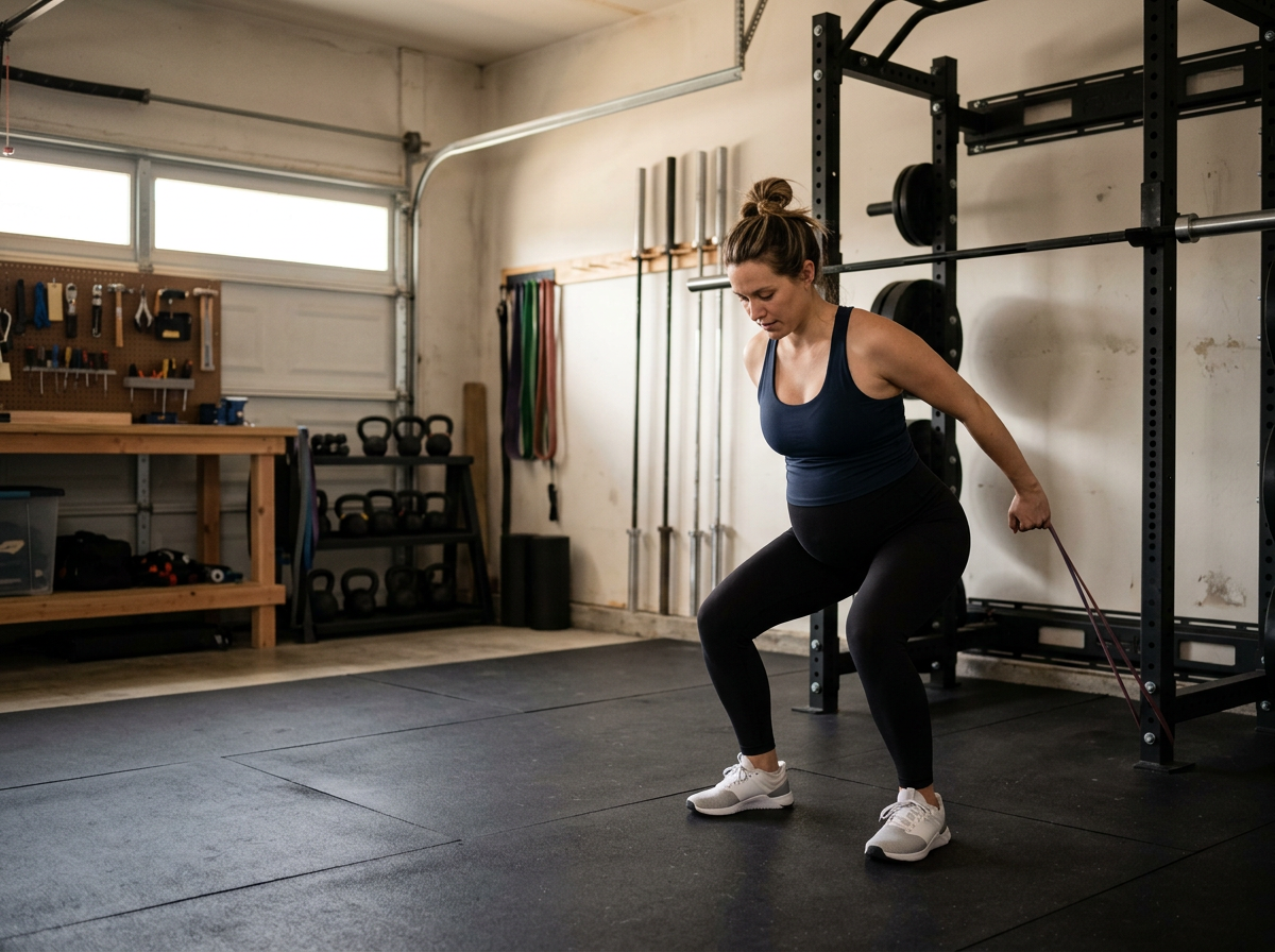 A woman exercising with a resistance band in a home gym with weights and workout equipment.
