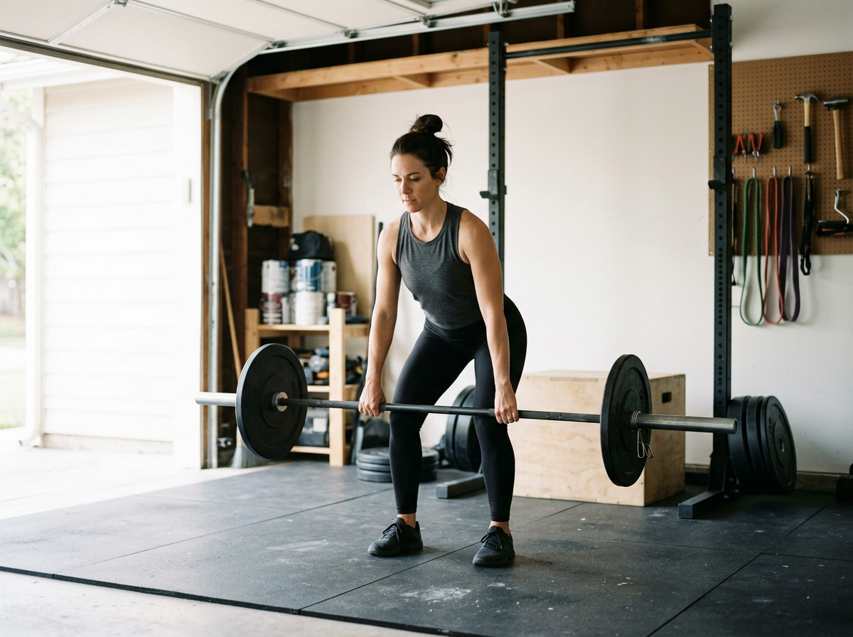 A woman lifting a barbell with weights in a home gym.