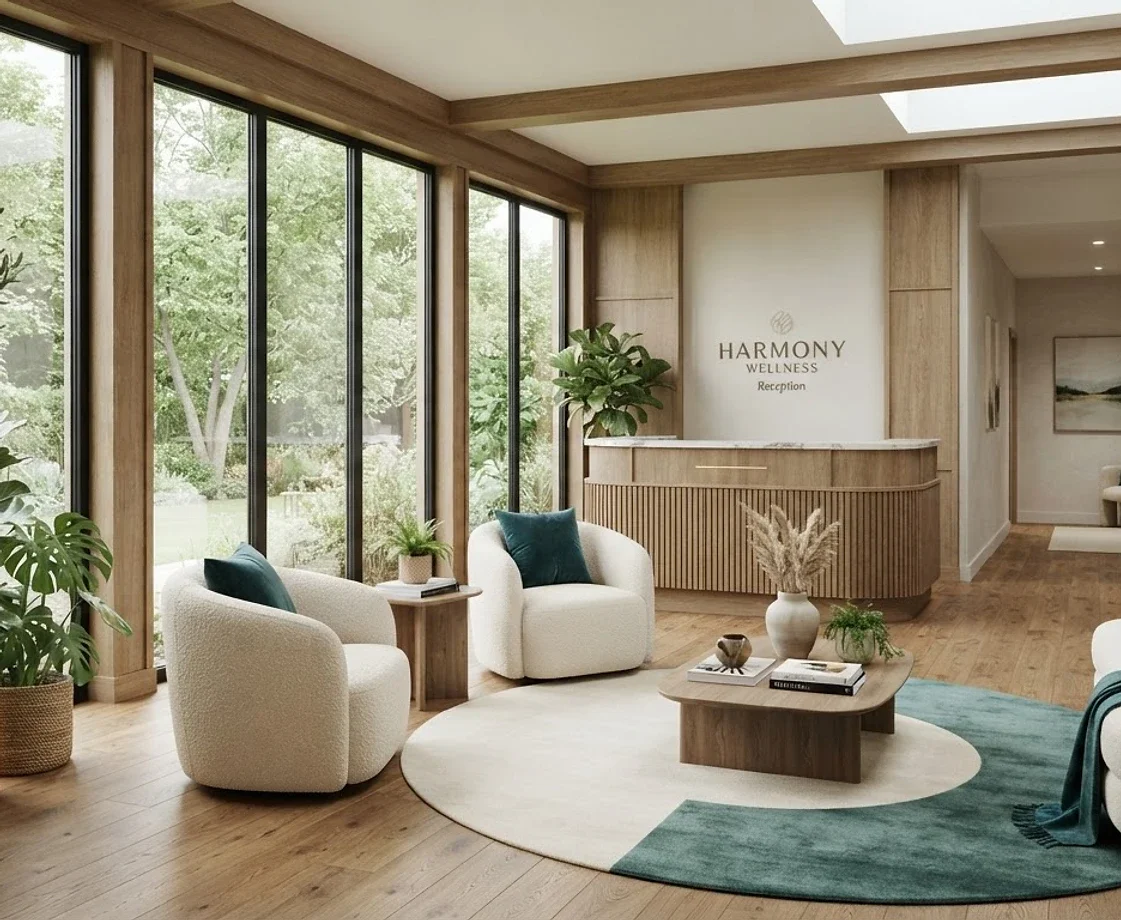 Modern wellness center reception area with white chairs, green pillows, wooden coffee table, indoor plants, large windows, and a reception desk labeled 'Harmony Wellness'.