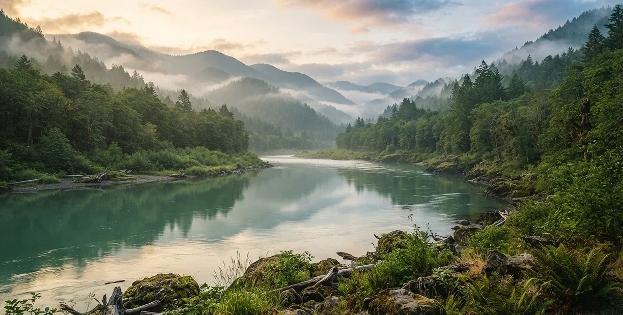 A serene river surrounded by lush green trees and misty mountains in the background during sunrise or sunset.